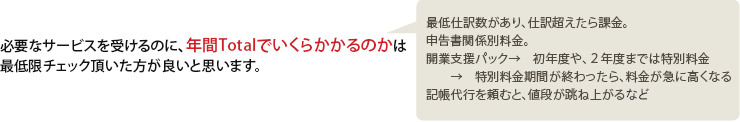 必要なサービスを受けるのに、年間Totalでいくらかかるのかは最低限チェック頂いた方が良いと思います。